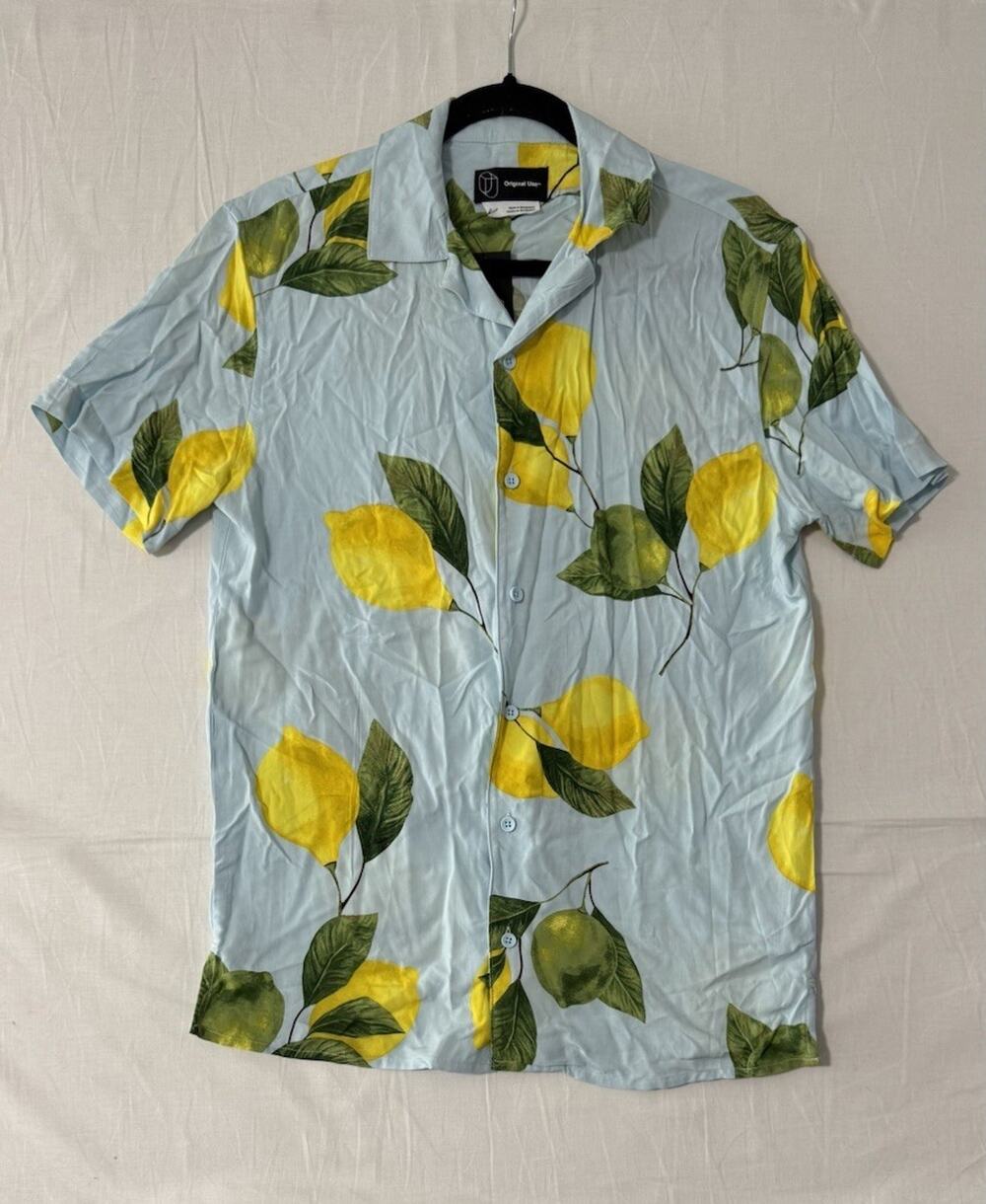 Original Use Shirt Mens Light Blue Lemon Print Short Sleeve Button Up NWT Size S
